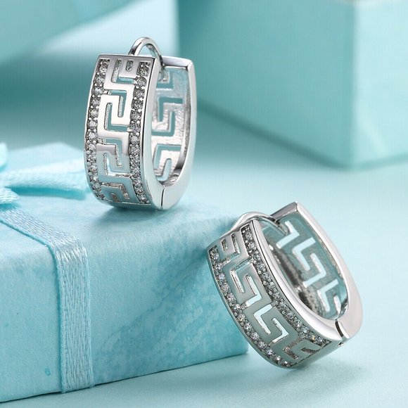 Jewelry - 18K White Gold Plated Greek Huggie Hoop Earrings